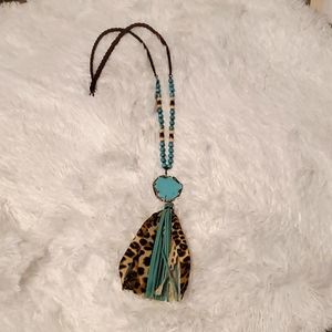 Turquoise embellished necklace w/leopard print, leather & lace tassel